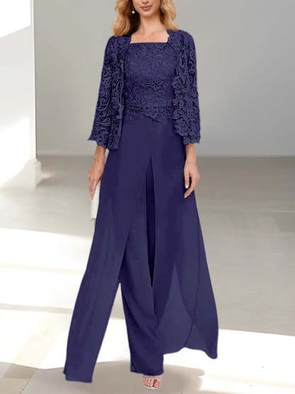 Floor-Length Square Neck Chiffon Mother of the Bride Pantsuit with Jacket & Side Split
