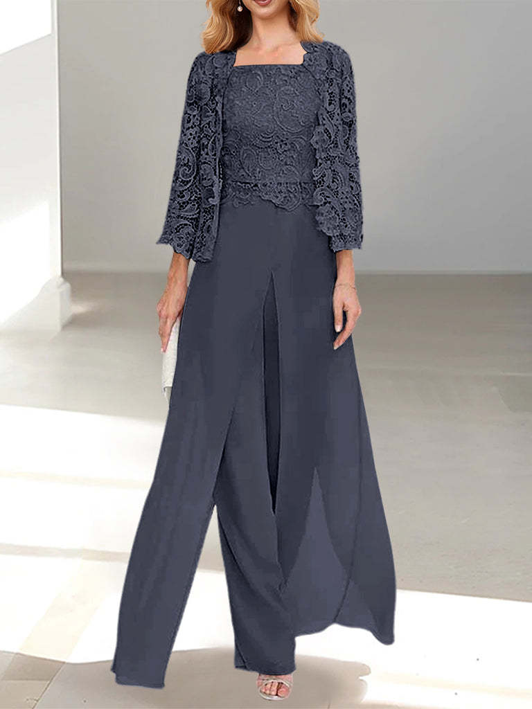 Floor-Length Square Neck Chiffon Mother of the Bride Pantsuit with Jacket & Side Split