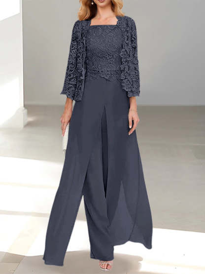 Floor-Length Square Neck Chiffon Mother of the Bride Pantsuit with Jacket & Side Split