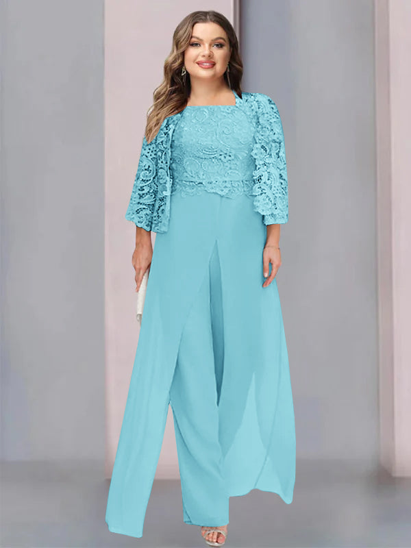 Plus Size Floor-Length Chiffon Pantsuit for the Mother of the Bride with Square Neck and Side Split