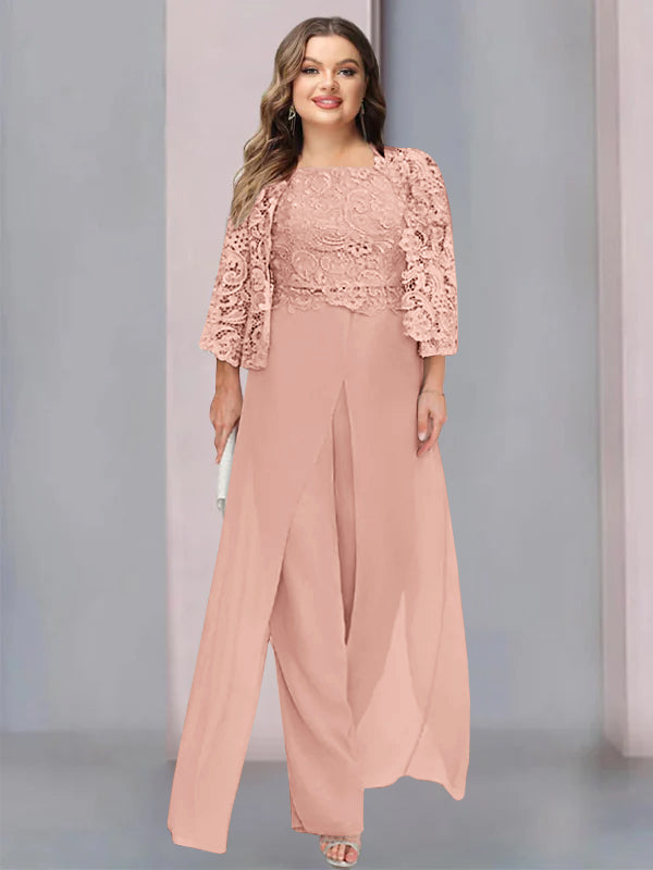 Plus Size Floor-Length Chiffon Pantsuit for the Mother of the Bride with Square Neck and Side Split