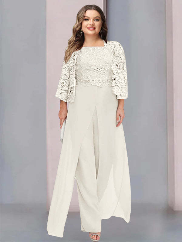 Plus Size Floor-Length Chiffon Pantsuit for the Mother of the Bride with Square Neck and Side Split