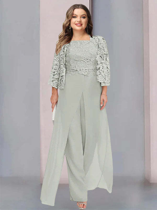 Plus Size Floor-Length Chiffon Pantsuit for the Mother of the Bride with Square Neck and Side Split