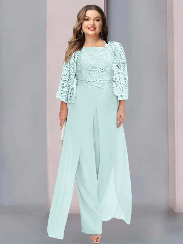 Plus Size Floor-Length Chiffon Pantsuit for the Mother of the Bride with Square Neck and Side Split