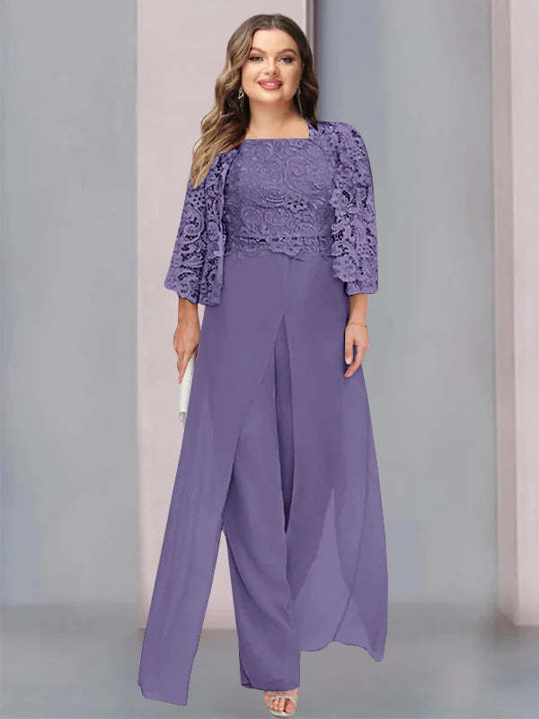 Plus Size Floor-Length Chiffon Pantsuit for the Mother of the Bride with Square Neck and Side Split