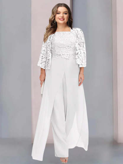 Plus Size Floor-Length Chiffon Pantsuit for the Mother of the Bride with Square Neck and Side Split