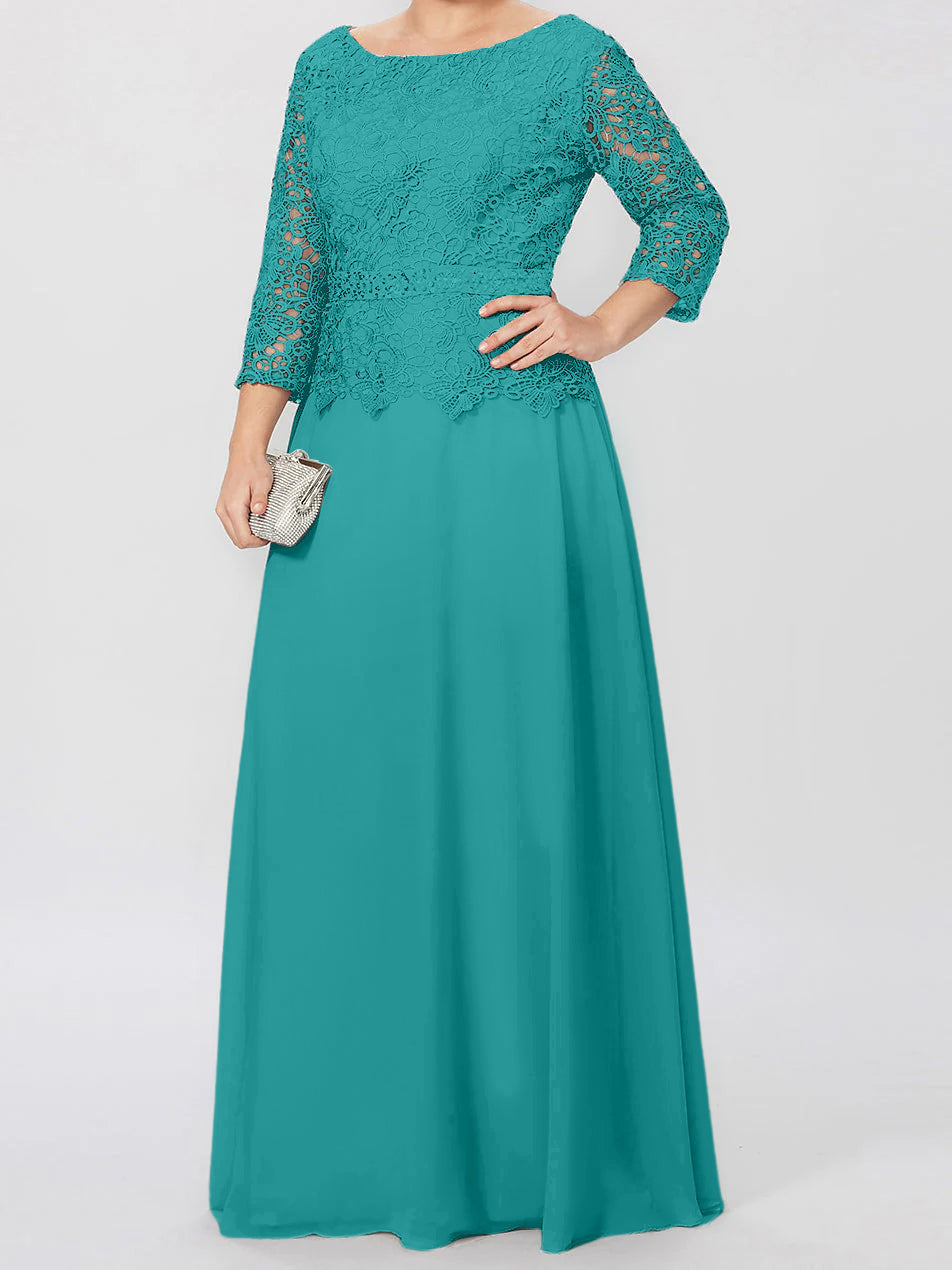 Floor-Length A-Line Princess Gown with Round Neck and 3/4 Sleeves Embellished with Applique & Sequins