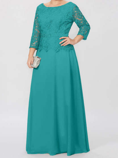 Floor-Length A-Line Princess Gown with Round Neck and 3/4 Sleeves Embellished with Applique & Sequins