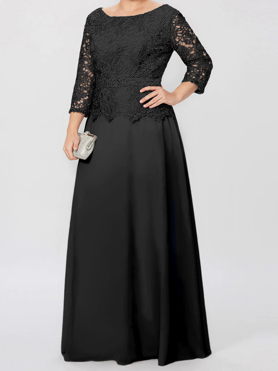Floor-Length A-Line Princess Gown with Round Neck and 3/4 Sleeves Embellished with Applique & Sequins