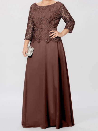 Floor-Length A-Line Princess Gown with Round Neck and 3/4 Sleeves Embellished with Applique & Sequins