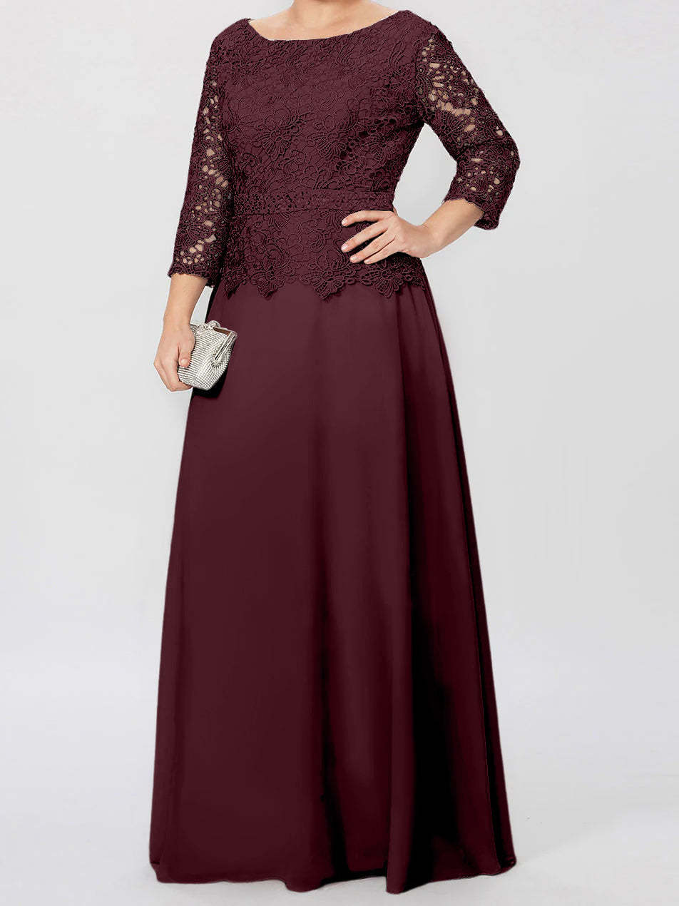 Floor-Length A-Line Princess Gown with Round Neck and 3/4 Sleeves Embellished with Applique & Sequins