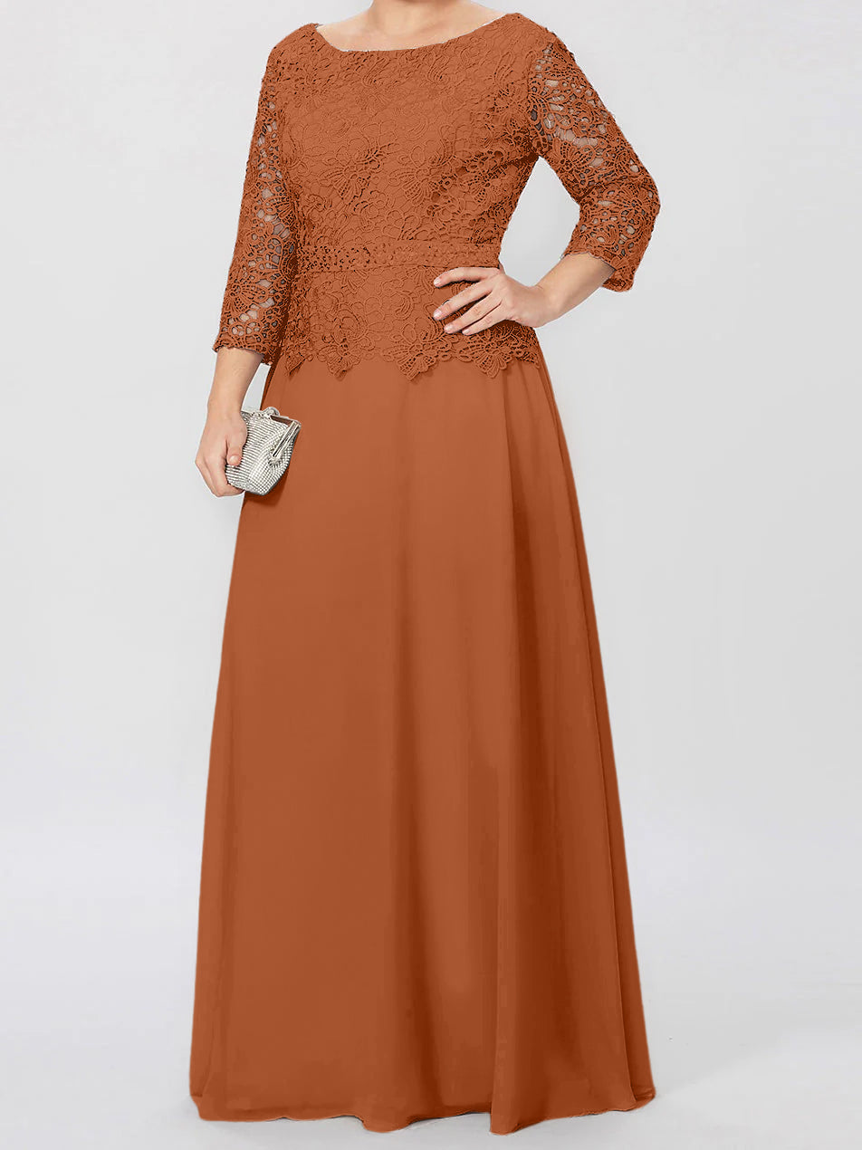 Floor-Length A-Line Princess Gown with Round Neck and 3/4 Sleeves Embellished with Applique & Sequins