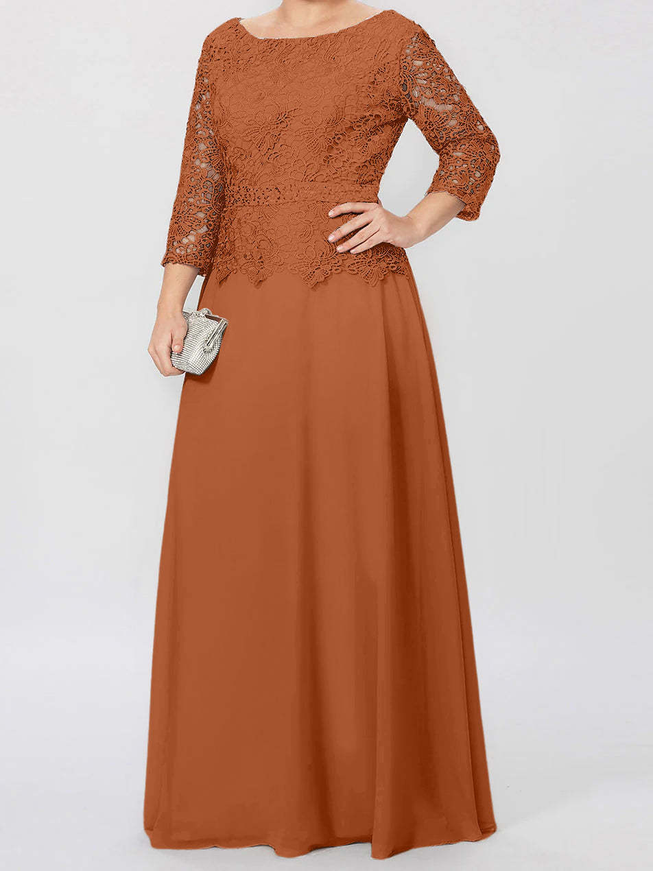 Floor-Length A-Line Princess Gown with Round Neck and 3/4 Sleeves Embellished with Applique & Sequins