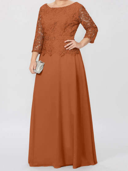 Floor-Length A-Line Princess Gown with Round Neck and 3/4 Sleeves Embellished with Applique & Sequins