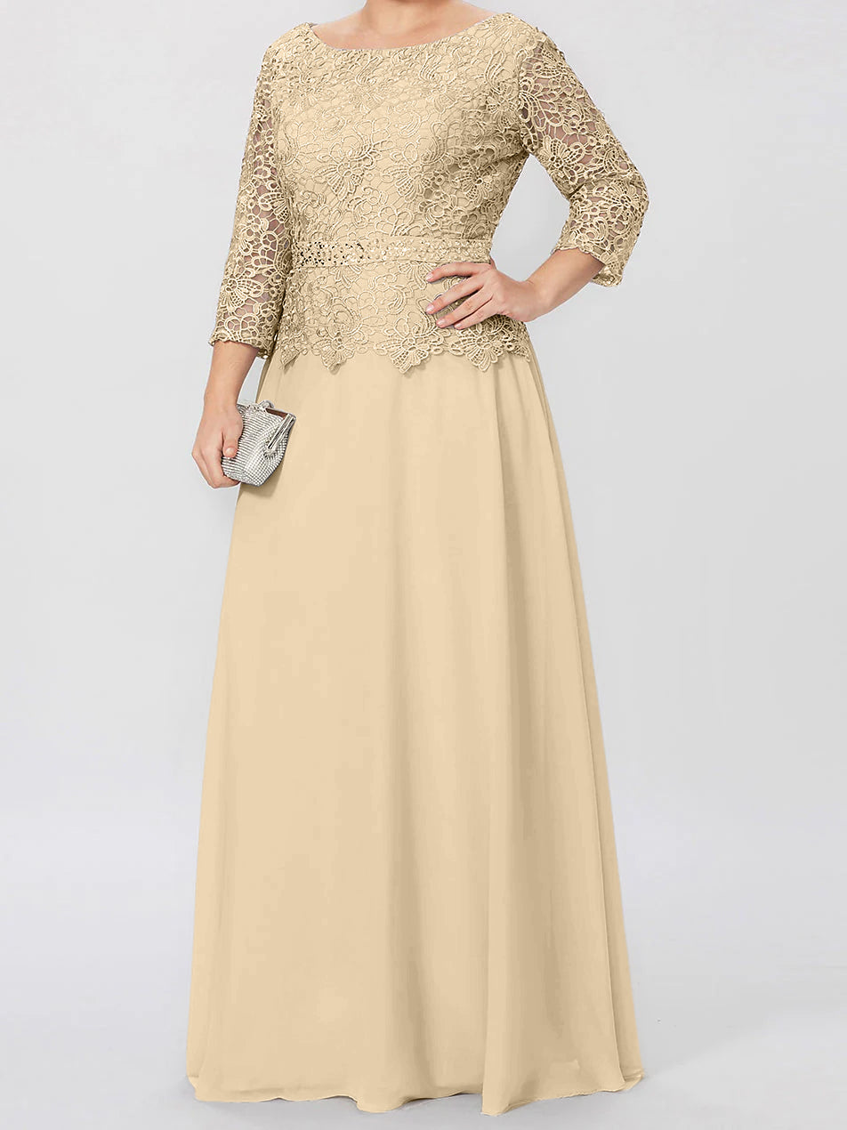 Floor-Length A-Line Princess Gown with Round Neck and 3/4 Sleeves Embellished with Applique & Sequins