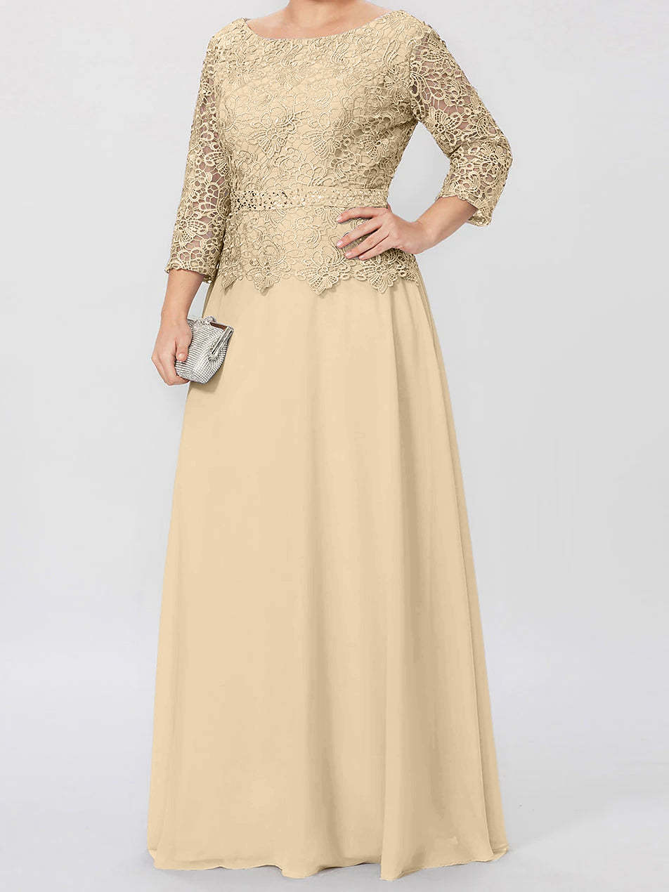 Floor-Length A-Line Princess Gown with Round Neck and 3/4 Sleeves Embellished with Applique & Sequins