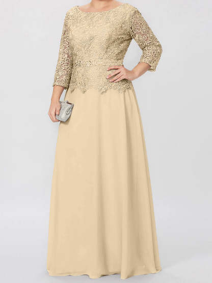 Floor-Length A-Line Princess Gown with Round Neck and 3/4 Sleeves Embellished with Applique & Sequins