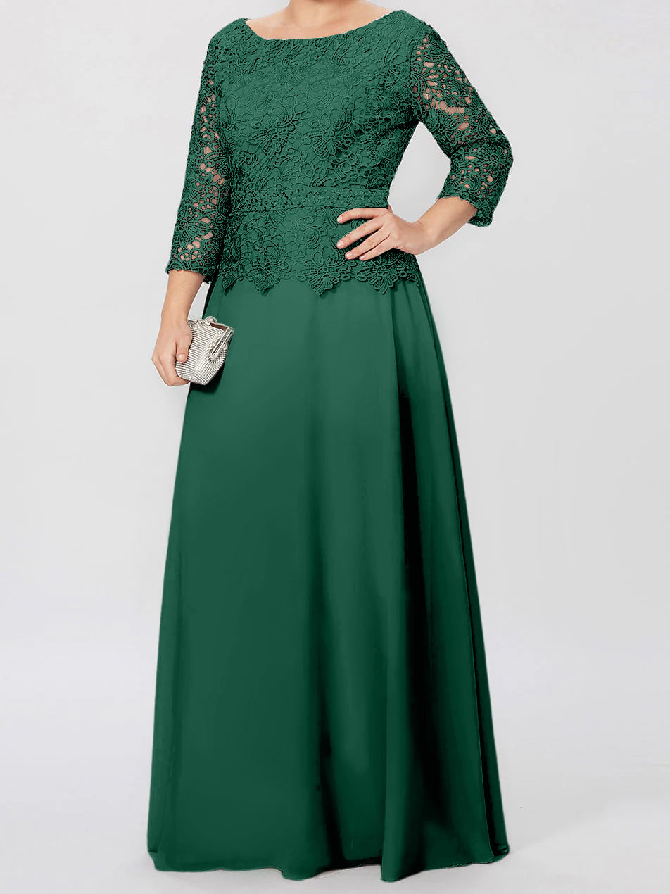 Floor-Length A-Line Princess Gown with Round Neck and 3/4 Sleeves Embellished with Applique & Sequins