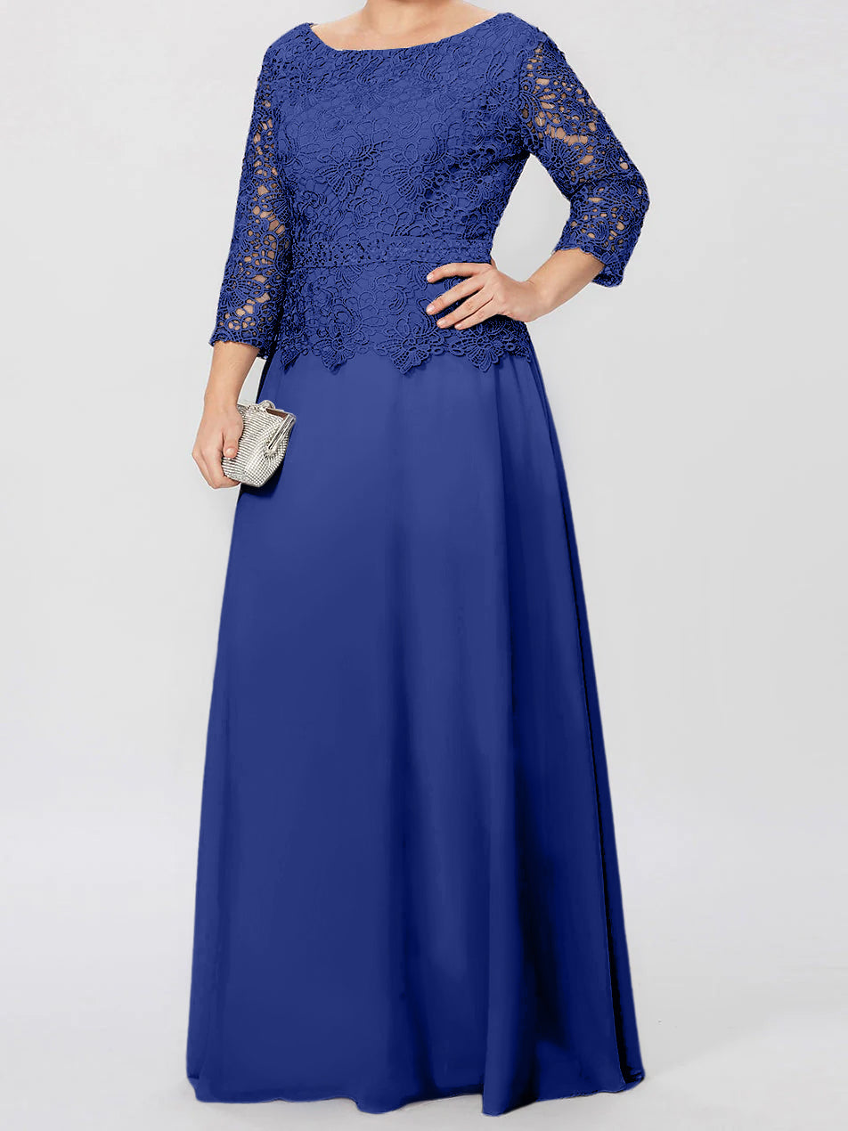 Floor-Length A-Line Princess Gown with Round Neck and 3/4 Sleeves Embellished with Applique & Sequins