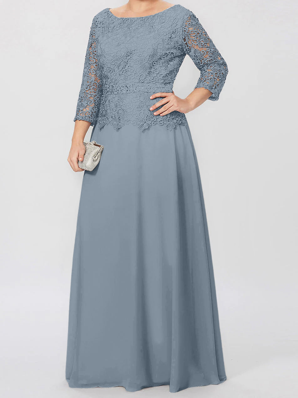 Floor-Length A-Line Princess Gown with Round Neck and 3/4 Sleeves Embellished with Applique & Sequins