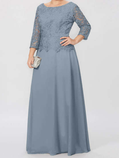Floor-Length A-Line Princess Gown with Round Neck and 3/4 Sleeves Embellished with Applique & Sequins
