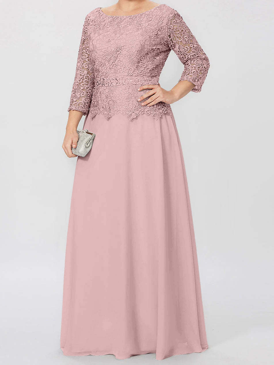Floor-Length A-Line Princess Gown with Round Neck and 3/4 Sleeves Embellished with Applique & Sequins