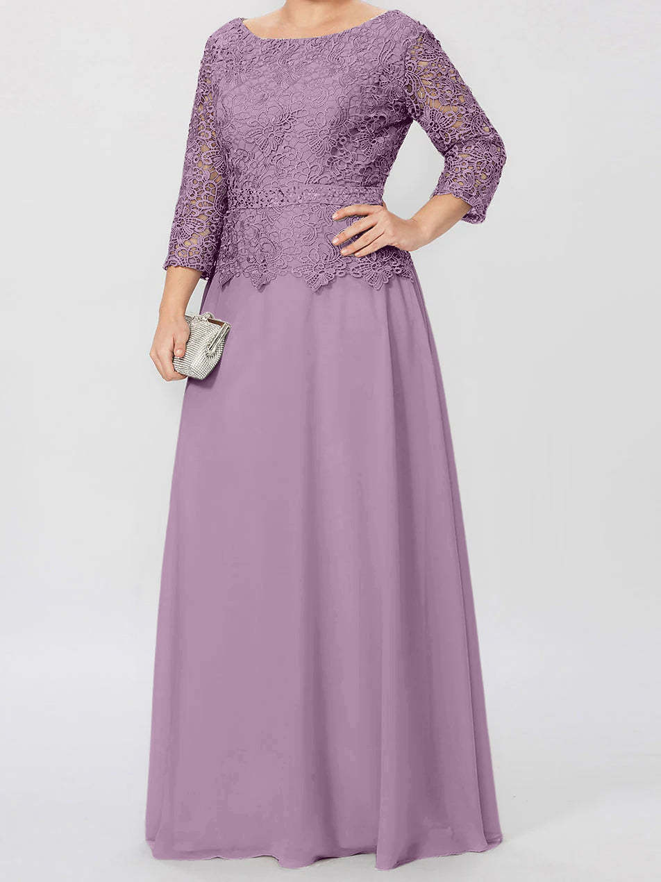 Floor-Length A-Line Princess Gown with Round Neck and 3/4 Sleeves Embellished with Applique & Sequins