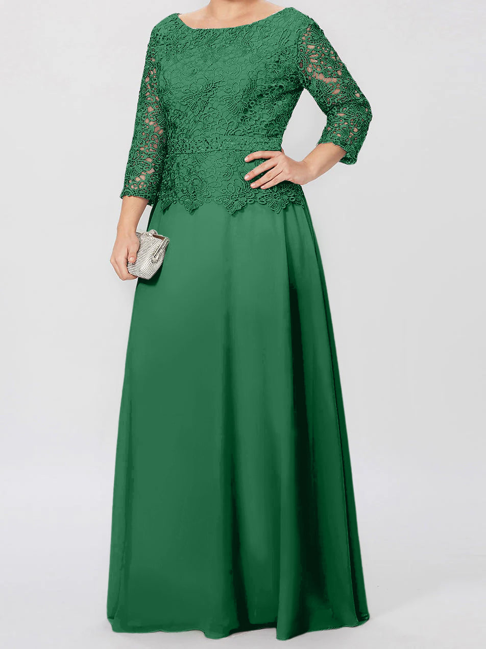Floor-Length A-Line Princess Gown with Round Neck and 3/4 Sleeves Embellished with Applique & Sequins