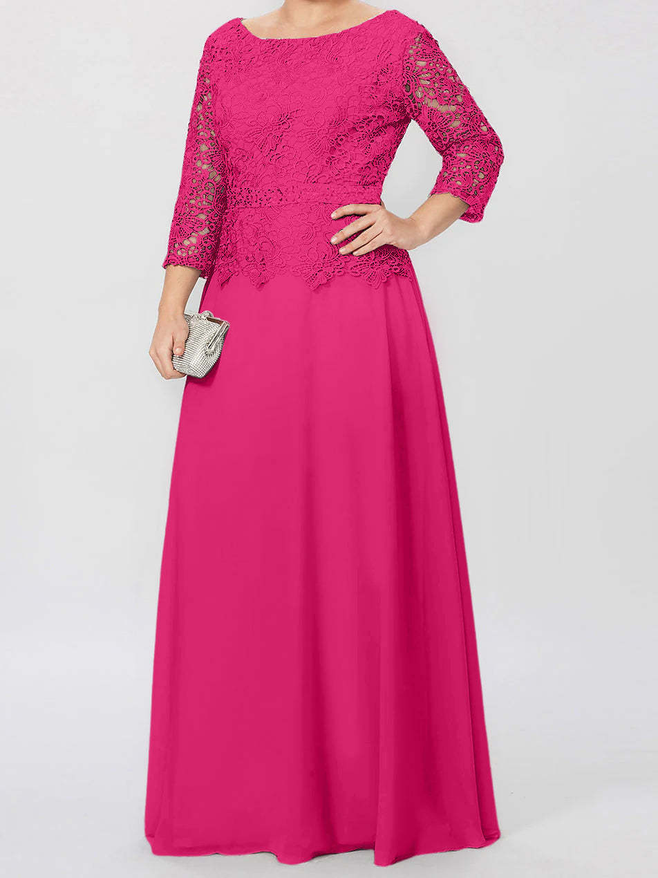 Floor-Length A-Line Princess Gown with Round Neck and 3/4 Sleeves Embellished with Applique & Sequins
