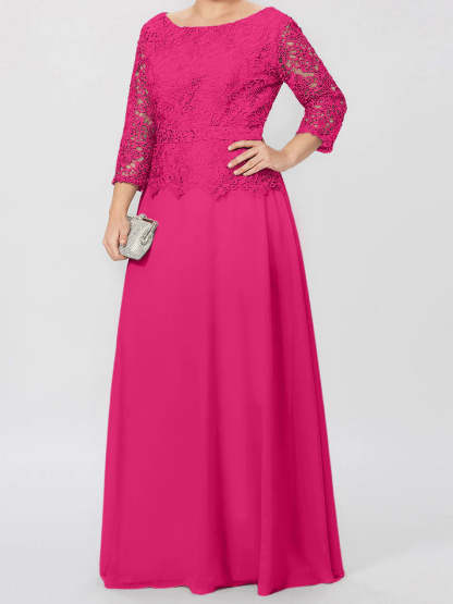 Floor-Length A-Line Princess Gown with Round Neck and 3/4 Sleeves Embellished with Applique & Sequins