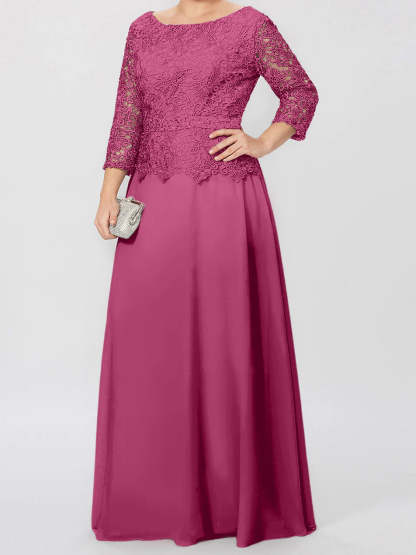Floor-Length A-Line Princess Gown with Round Neck and 3/4 Sleeves Embellished with Applique & Sequins