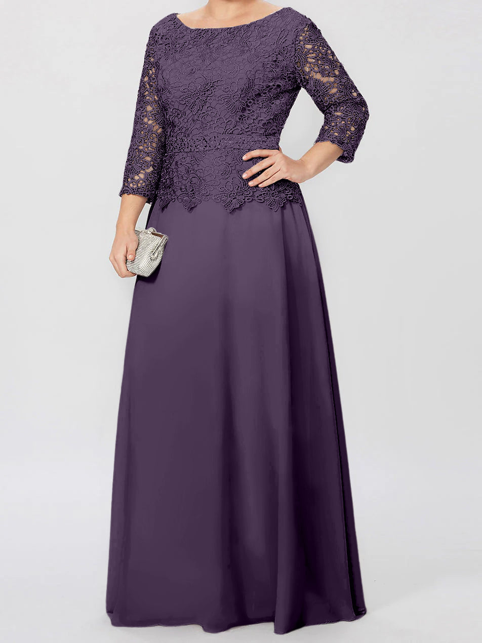 Floor-Length A-Line Princess Gown with Round Neck and 3/4 Sleeves Embellished with Applique & Sequins