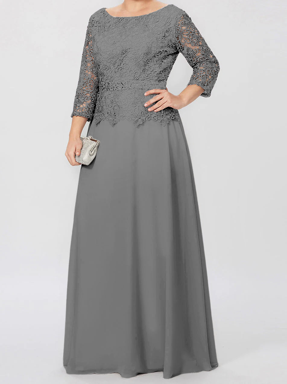 Floor-Length A-Line Princess Gown with Round Neck and 3/4 Sleeves Embellished with Applique & Sequins