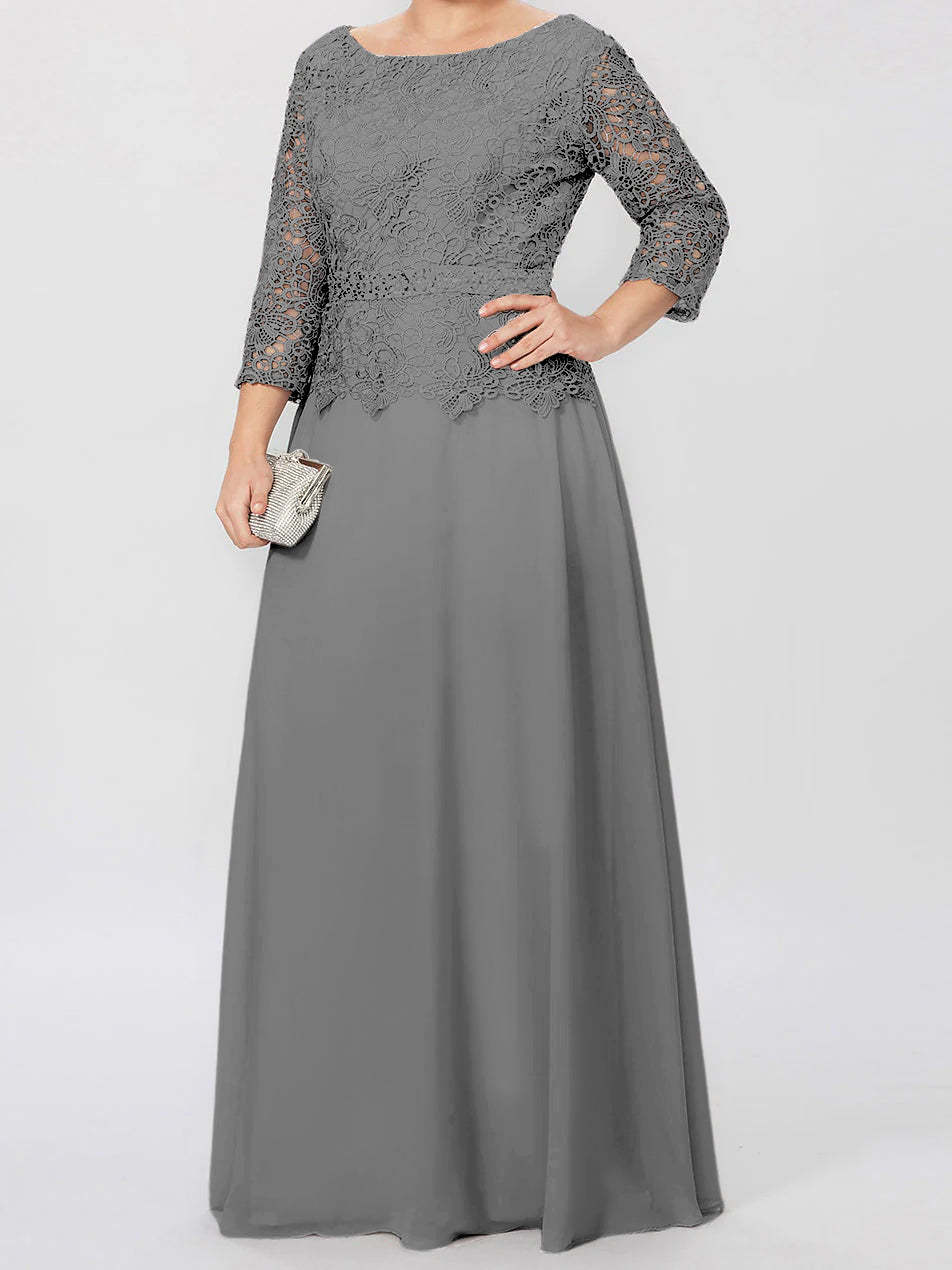 Floor-Length A-Line Princess Gown with Round Neck and 3/4 Sleeves Embellished with Applique & Sequins