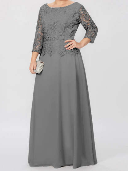 Floor-Length A-Line Princess Gown with Round Neck and 3/4 Sleeves Embellished with Applique & Sequins