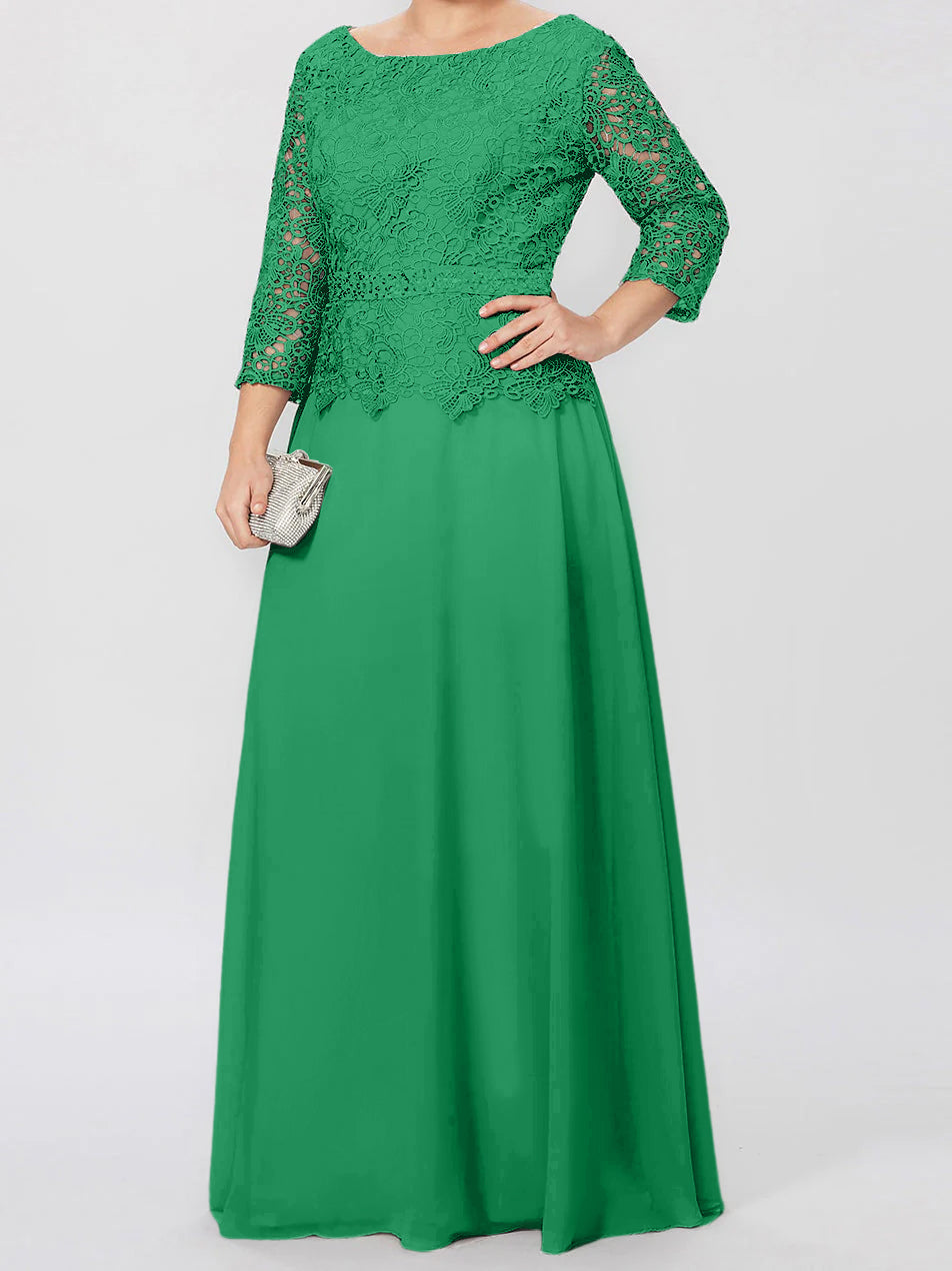 Floor-Length A-Line Princess Gown with Round Neck and 3/4 Sleeves Embellished with Applique & Sequins