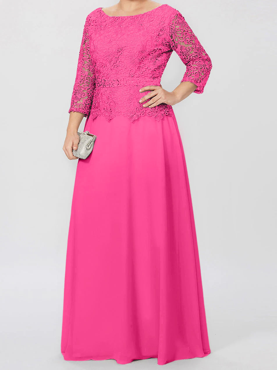 Floor-Length A-Line Princess Gown with Round Neck and 3/4 Sleeves Embellished with Applique & Sequins