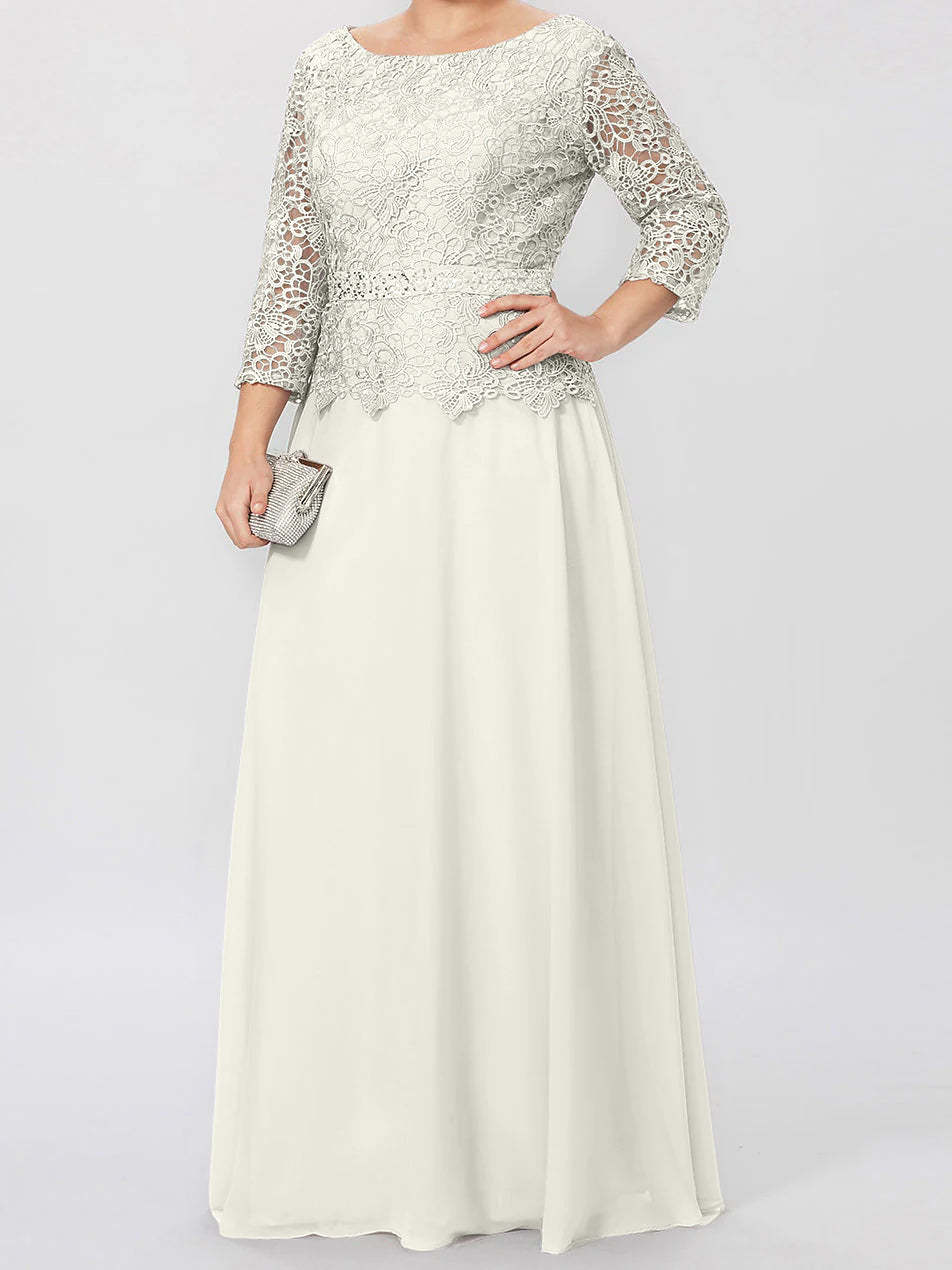 Floor-Length A-Line Princess Gown with Round Neck and 3/4 Sleeves Embellished with Applique & Sequins