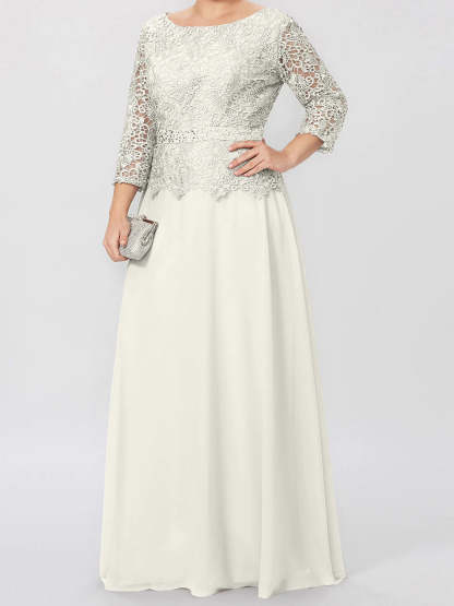 Floor-Length A-Line Princess Gown with Round Neck and 3/4 Sleeves Embellished with Applique & Sequins