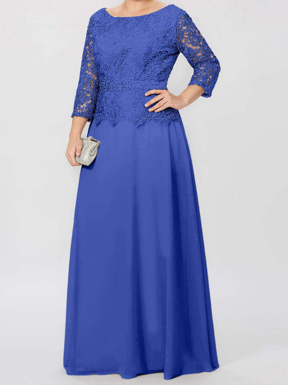 Floor-Length A-Line Princess Gown with Round Neck and 3/4 Sleeves Embellished with Applique & Sequins