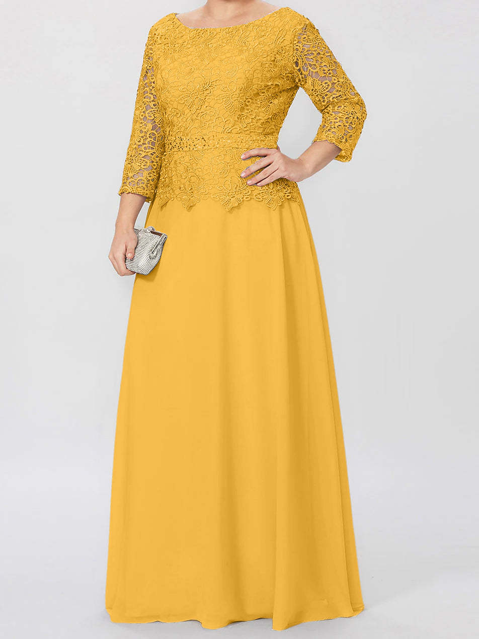 Floor-Length A-Line Princess Gown with Round Neck and 3/4 Sleeves Embellished with Applique & Sequins