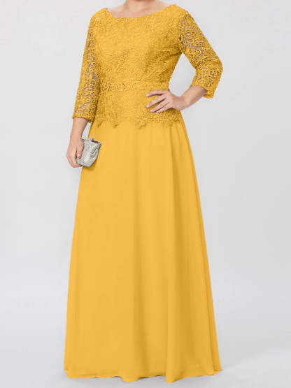 Floor-Length A-Line Princess Gown with Round Neck and 3/4 Sleeves Embellished with Applique & Sequins