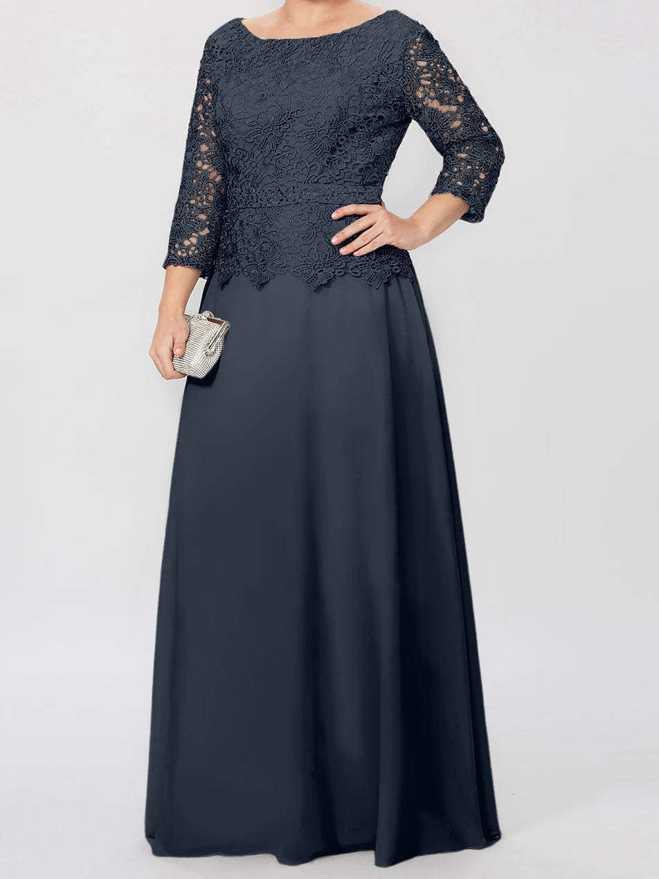 Floor-Length A-Line Princess Gown with Round Neck and 3/4 Sleeves Embellished with Applique & Sequins