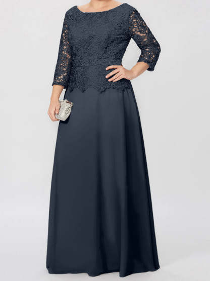 Floor-Length A-Line Princess Gown with Round Neck and 3/4 Sleeves Embellished with Applique & Sequins
