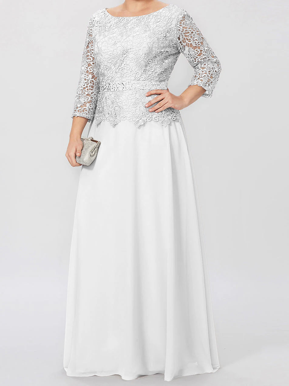 Floor-Length A-Line Princess Gown with Round Neck and 3/4 Sleeves Embellished with Applique & Sequins