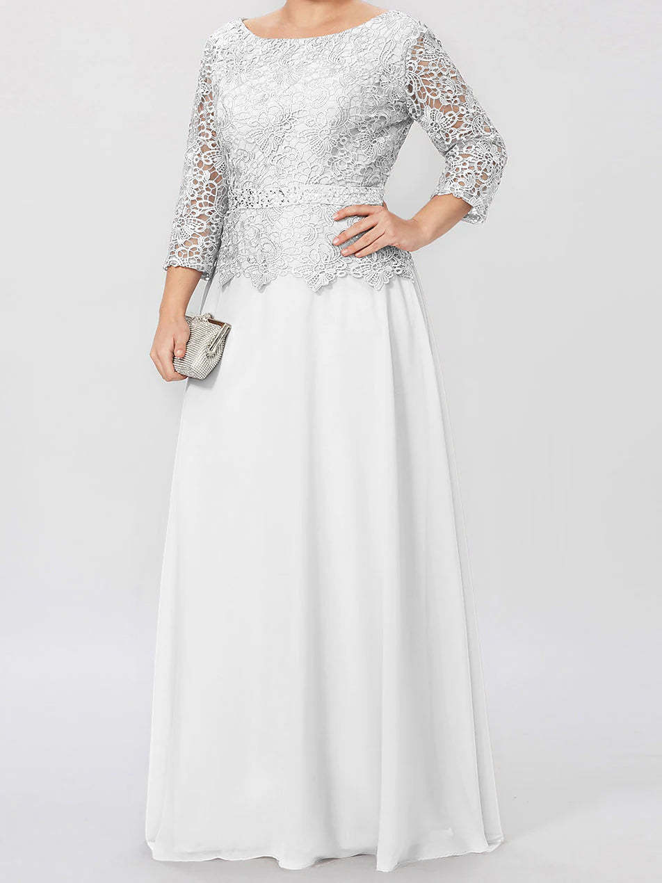 Floor-Length A-Line Princess Gown with Round Neck and 3/4 Sleeves Embellished with Applique & Sequins