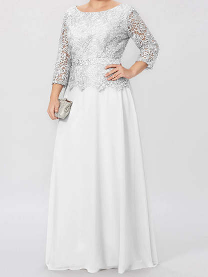 Floor-Length A-Line Princess Gown with Round Neck and 3/4 Sleeves Embellished with Applique & Sequins