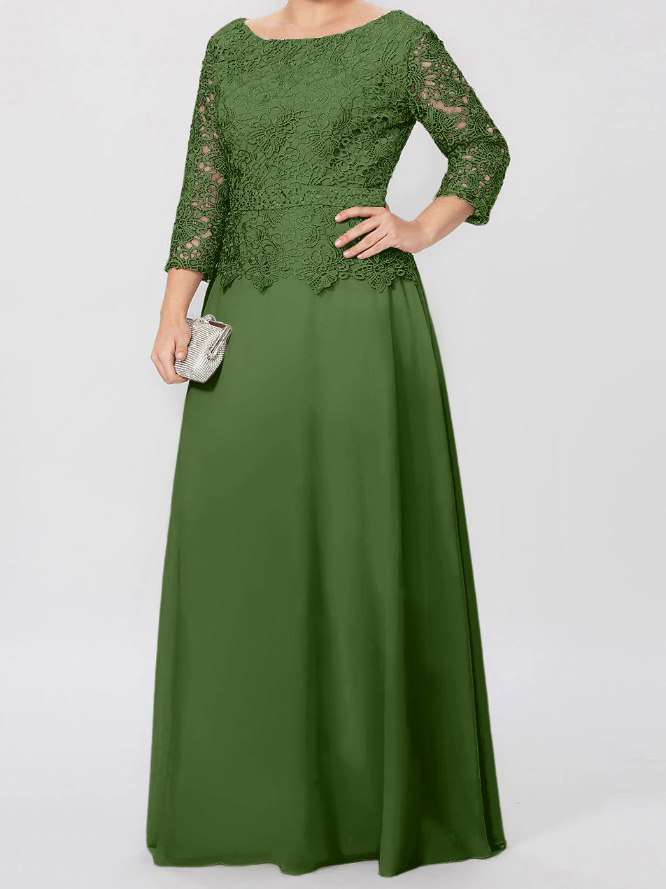 Floor-Length A-Line Princess Gown with Round Neck and 3/4 Sleeves Embellished with Applique & Sequins