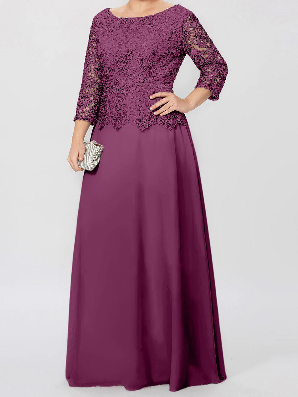 Floor-Length A-Line Princess Gown with Round Neck and 3/4 Sleeves Embellished with Applique & Sequins