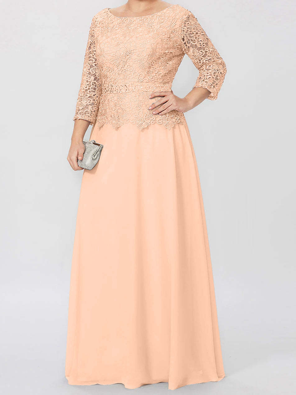 Floor-Length A-Line Princess Gown with Round Neck and 3/4 Sleeves Embellished with Applique & Sequins